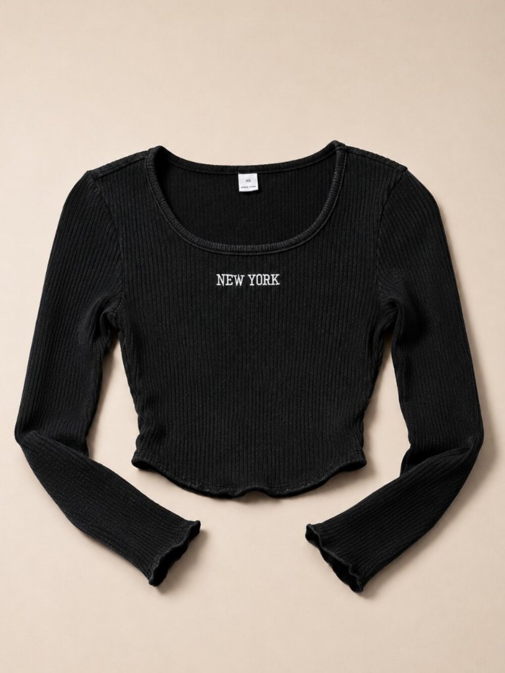 Girls Y2K Ribbed Gray Long Sleeve Crop Top Size 12Y New York Graphic